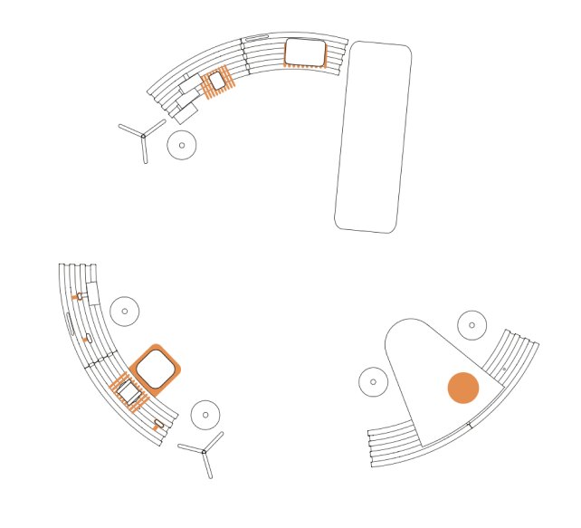 Floor-plan drawings of the lab in three configurations
