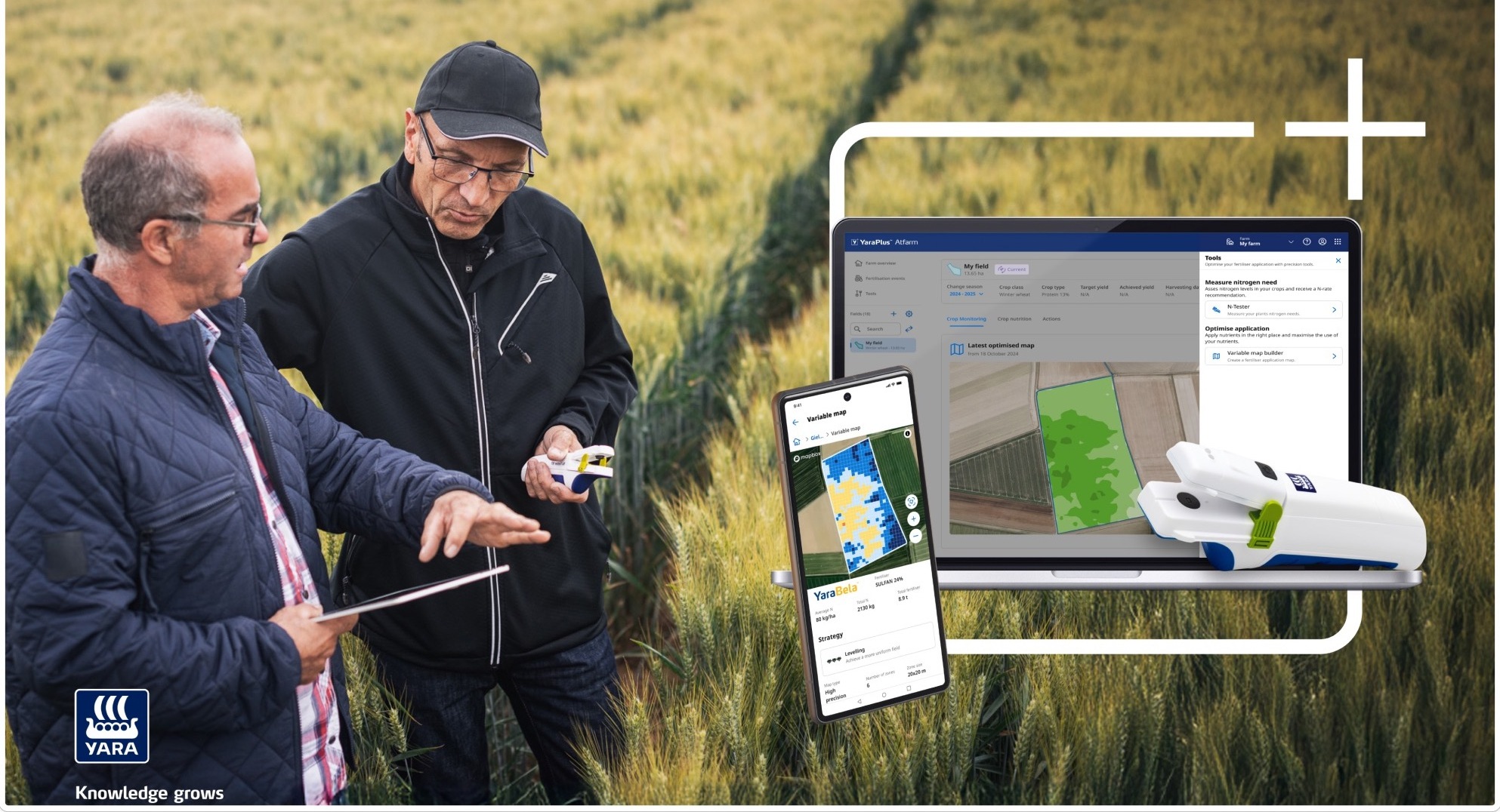 Two farmers in a wheat field with the YaraPlus Atfarm app on a laptop and phone